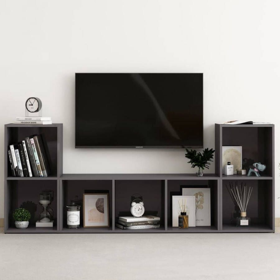 The Living Store Klassieke televisiekastenset TV-meubel 72x35x36.5cm TV-meubel 107x35x37cm Hoogglans grijs - Foto 2