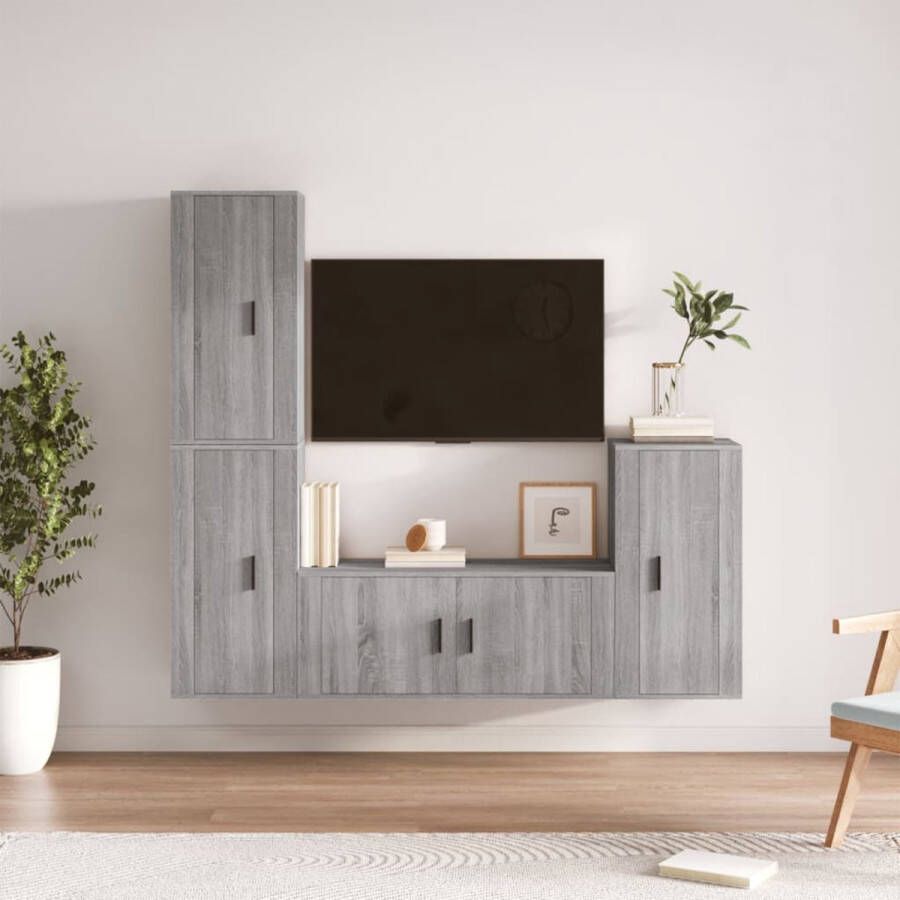 The Living Store TV-meubelset Klassiek Wandgemonteerd Grijs Bewerkt hout 1x 100x34.5x40cm 3x 40x34.5x80cm - Foto 2