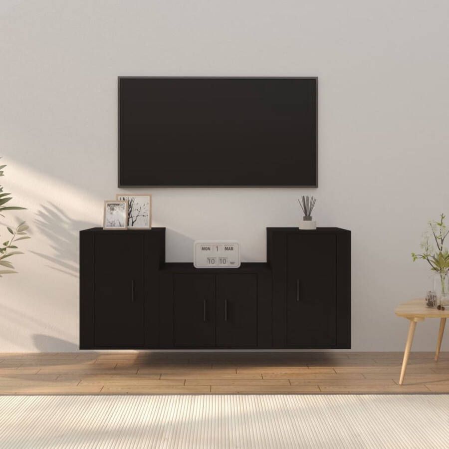 The Living Store Klassieke televisiekastenset TV-meubelset Hout Zwart 3-delig Opbergruimte - Foto 2