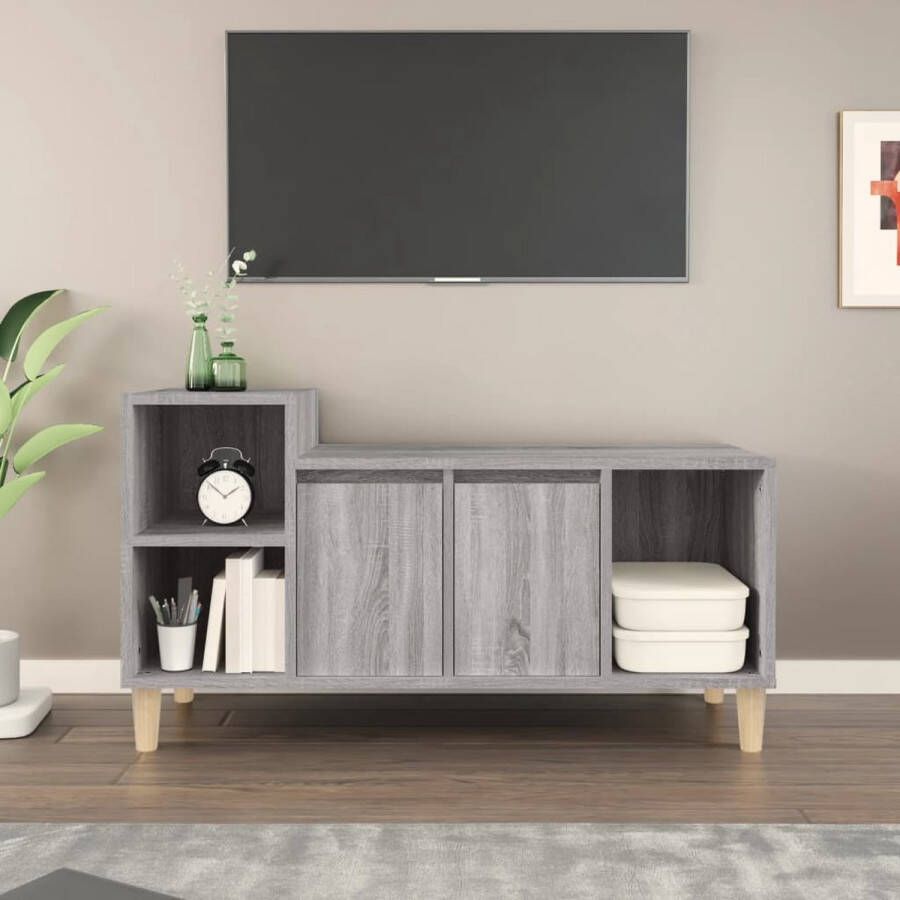 The Living Store Klassieke Tv-kast Grijs Sonoma Eiken 100 x 35 x 55 cm Bewerkt hout en massief eucalyptushout - Foto 2