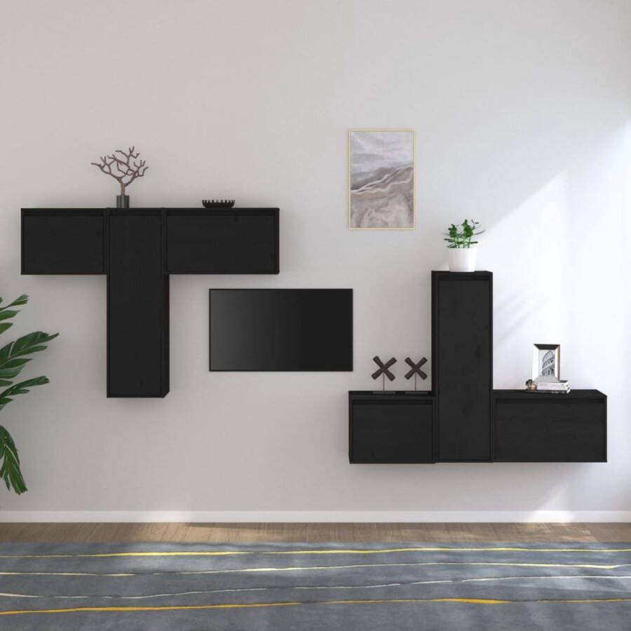 The Living Store Televisiemeubelset klassiek design massief grenenhout zwart 45x30x35cm 30x30x100cm 60x30x35cm - Foto 2