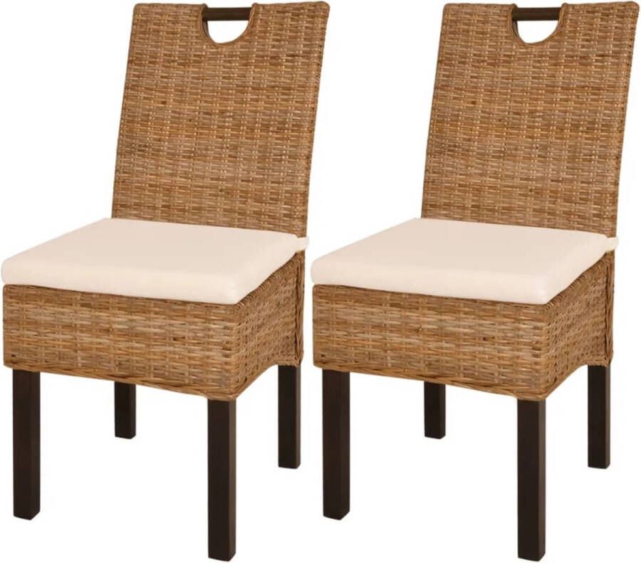 The Living Store Kubu Rattan Eetkamerstoelen 46x57x96 cm Natuurlijke Rattan Mangohout Wit Kussen - Foto 2