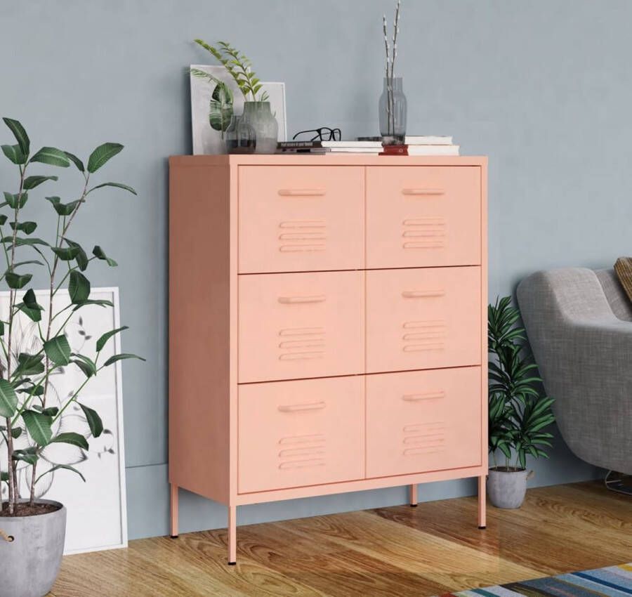 The Living Store Ladekast Staal 80x35x101.5 cm 6 lades Roze - Foto 2