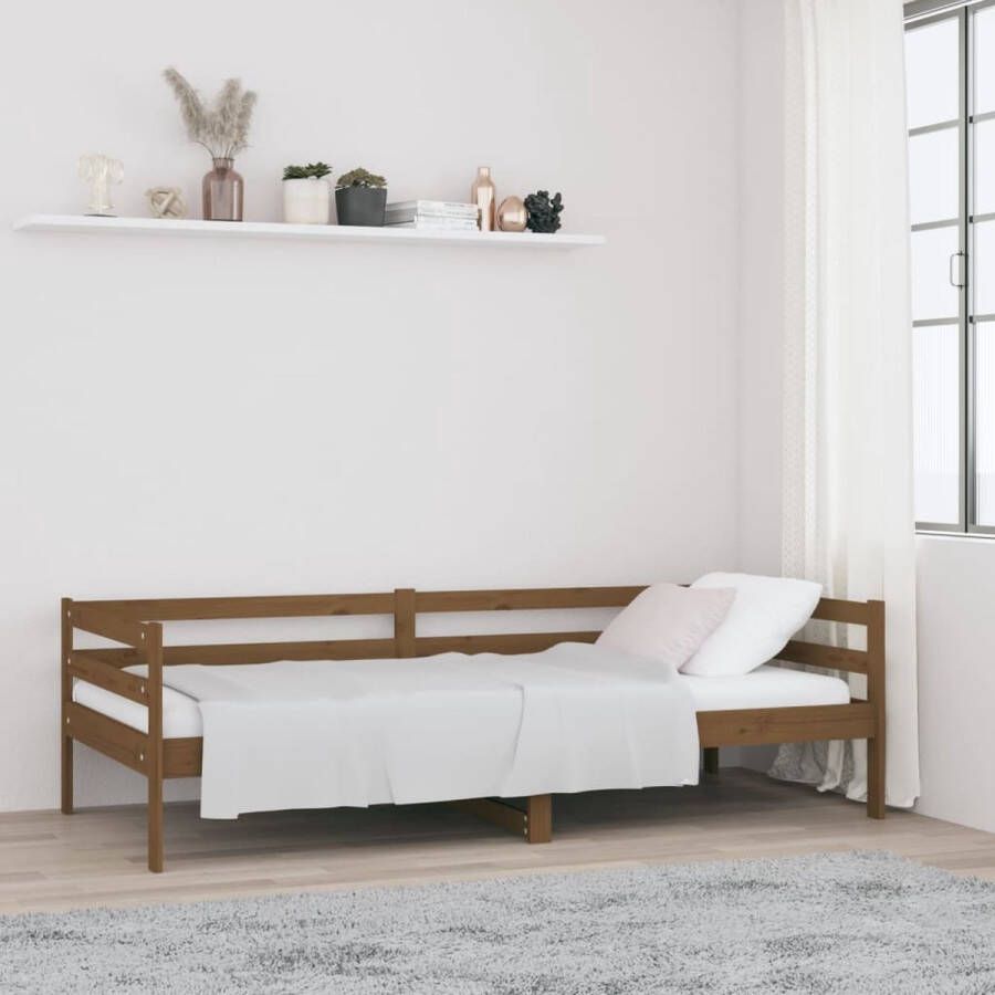 The Living Store Logeerbed Grenenhout 193.5 x 96 x 56.5 cm 3-zijdig bedhek Gelat ontwerp Veelzijdig bed Extra opbergruimte Kleur- honingbruin