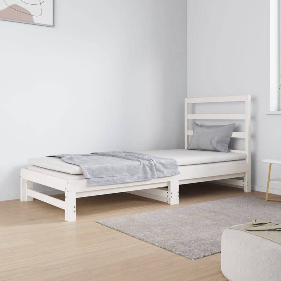 The Living Store Logeerbed Grenenhout Houten Slaapbank 195.5x182x30cm Wit Eenvoudig in Gebruik Uitschuifbaar Comfortabele Ondersteuning Matras Niet Inbegrepen