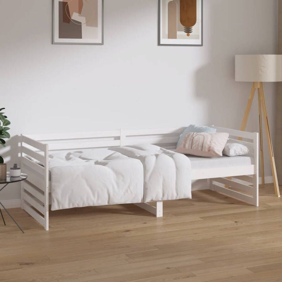 The Living Store Logeerbed Grenenhouten Slaapbank 203.5 x 85.5 x 68.5 cm 3-zijdig bedhek Gelat ontwerp Extra opbergruimte Kleur- wit