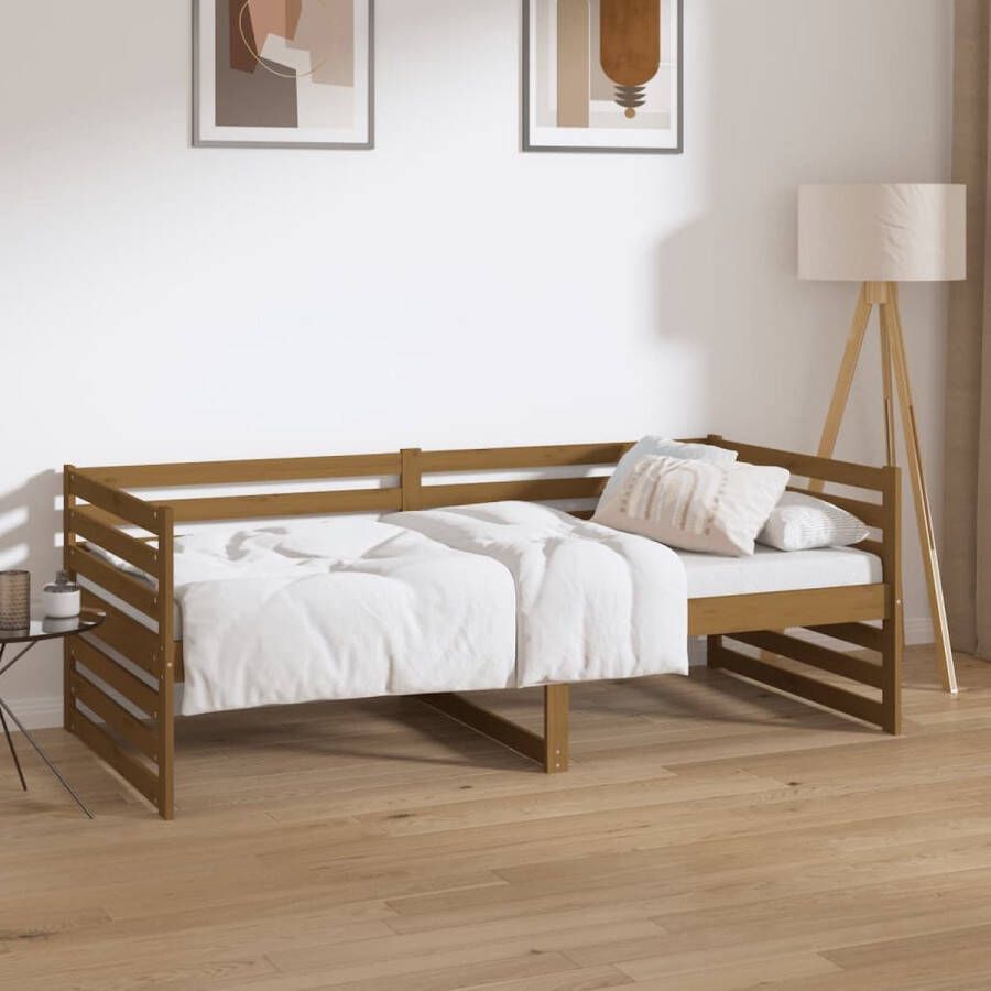 The Living Store Logeerbed Massief grenenhout 3-zijdig bedhek Gelat ontwerp Veelzijdig bed Extra opbergruimte Honingbruin 193.5 x 96 x 68.5 cm (L x B x H) Geschikte matras- 90 x 190 cm (B x L)