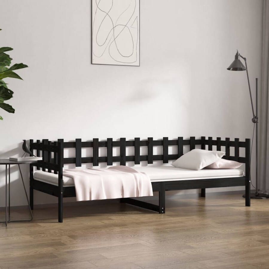 The Living Store Logeerbed Massief grenenhout 3-zijdig bedhek Gelat ontwerp Veelzijdig bed Extra opbergruimte Kleur- zwart Afmetingen- 193.5 x 96 x 68.5 cm Geschikte matras- 90 x 190 cm