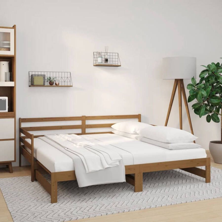 The Living Store Logeerbed Slaapbank 203.5 x 160 cm Massief grenenhout Gelat ontwerp Eenvoudig gebruik Uitschuifbaar Honingbruin kleur Matras niet inbegrepen