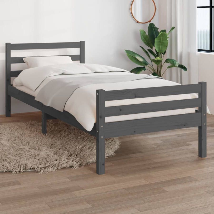 The Living Store Massief grenen Bedframe Eenpersoonsbed 90 x 200 cm Grijs Stabiel en comfortabel houten bedframe met multiplex lattenbodem Geschikt voor kleine ruimtes en multifunctionele kamers Matras niet inbegrepen Montage vereist