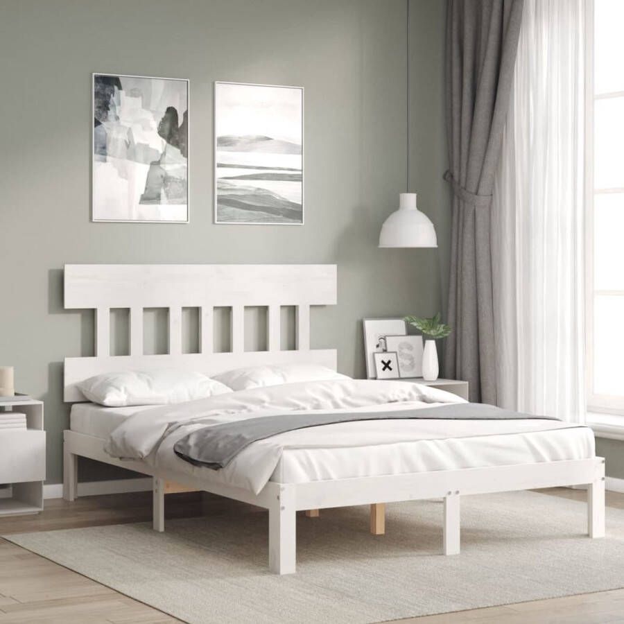 The Living Store Massief Grenen Bedframe Wit 203.5 x 143.5 x 81 cm Multiplex Lattenbodem