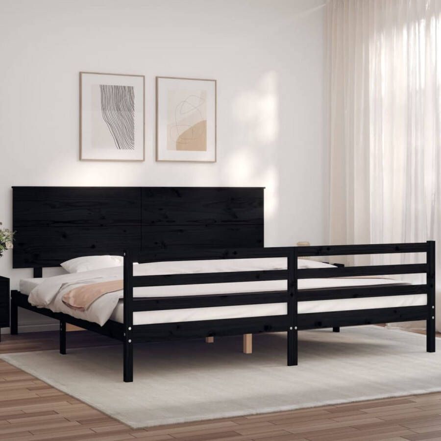 The Living Store Bedframe met hoofdbord massief hout zwart 6FT Super King Bedframe Bedframes Bed Tweepersoonsbed Slaapkamermeubel Houten Bedframe Houten Bed Bedbodem Massief Houten Bedframe Ledikant Bedframe Met Hoofdeinde