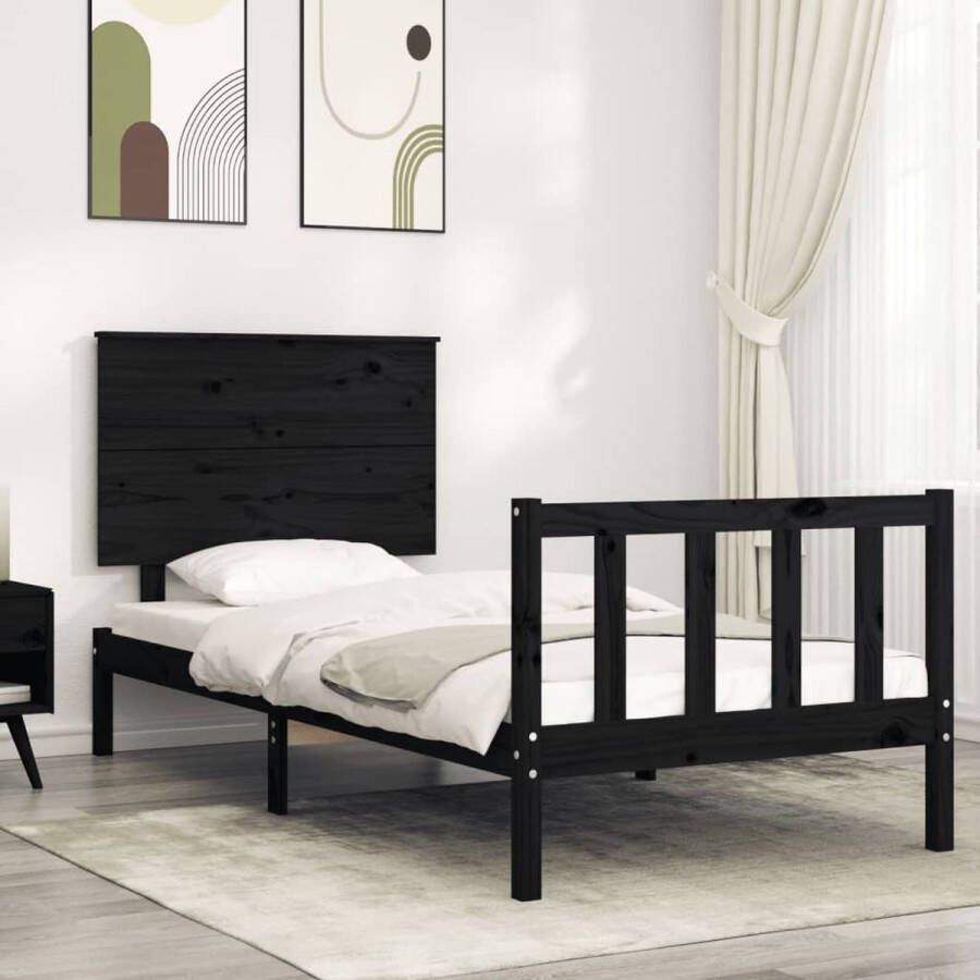 The Living Store Massief grenen Houten Bedframe 205.5 x 95.5 x 82.5 cm Zwart