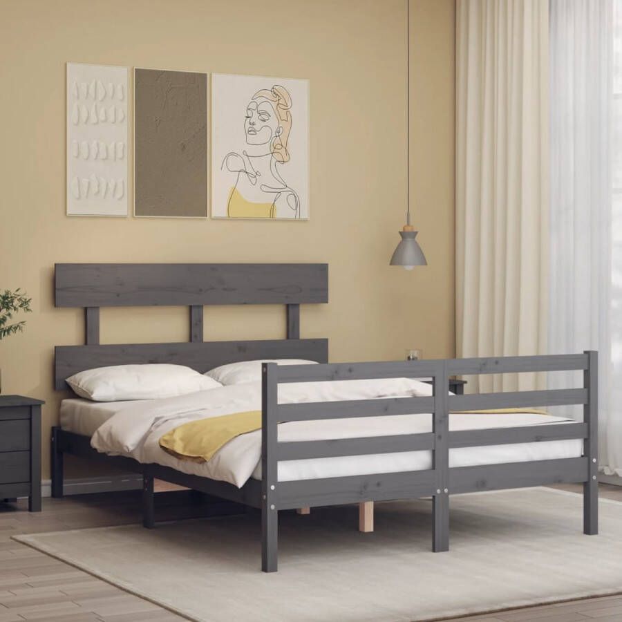 The Living Store Bedframe met hoofdbord massief hout grijs 4FT6 Double Bedframe Bedframes Bed Tweepersoonsbed Slaapkamermeubel Houten Bedframe Houten Bed Bedbodem Massief Houten Bedframe Ledikant Bedframe Met Hoofdeinde