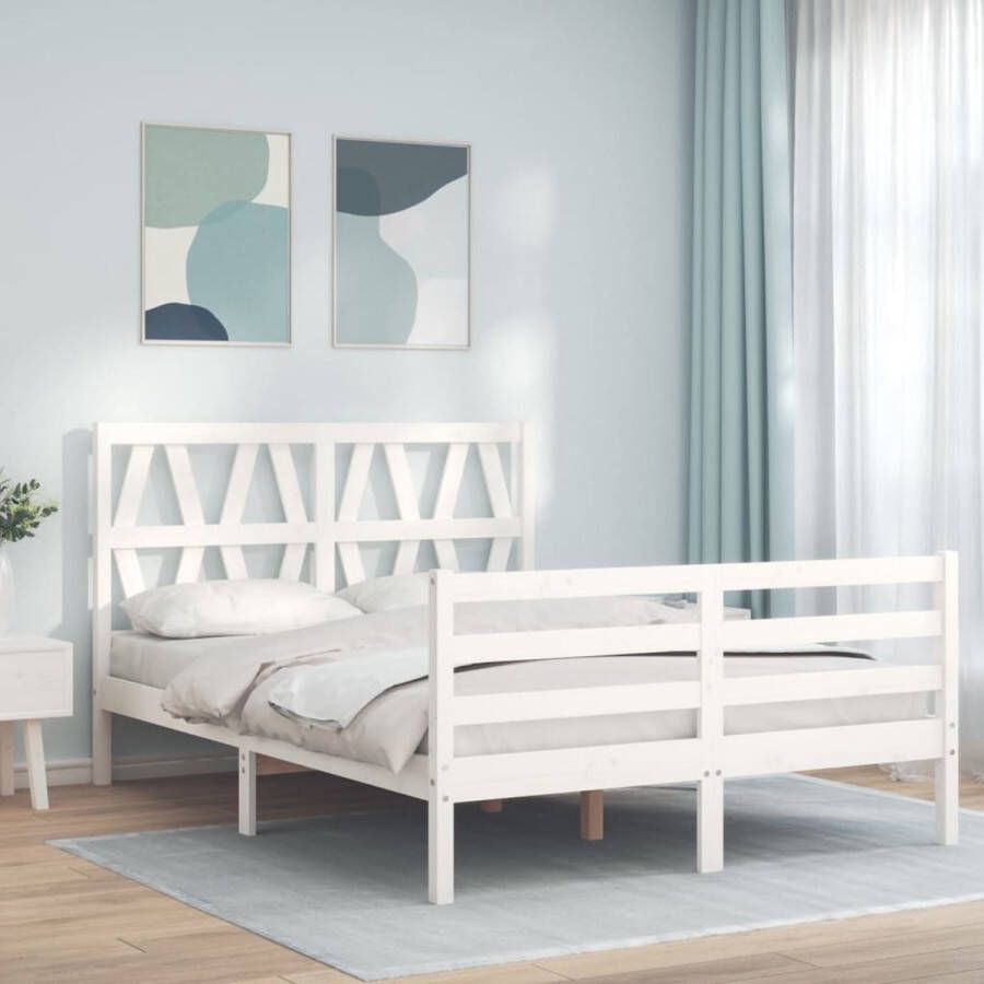 The Living Store Massief grenenhouten bedframe 195.5 x 125.5 x 100 cm Functioneel hoofd- en voeteneinde Kleur- wit - Foto 1