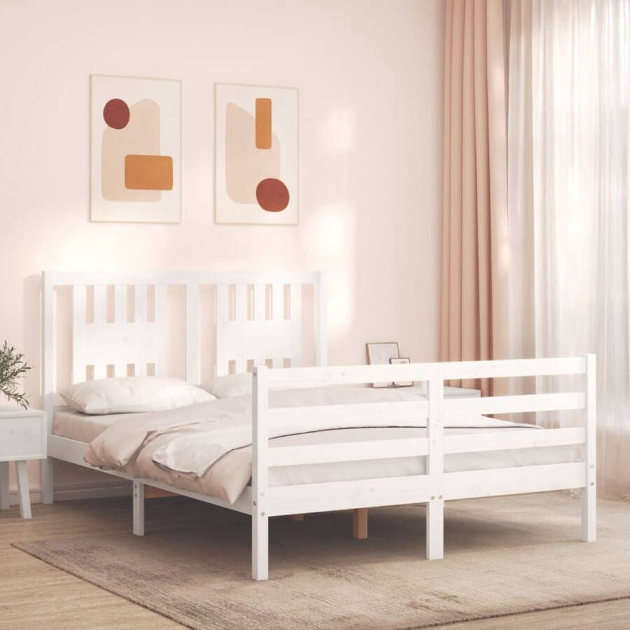 The Living Store Bedframe met hoofdbord massief hout wit 4FT6 Double Bedframe Bedframes Bed Tweepersoonsbed Slaapkamermeubel Houten Bedframe Houten Bed Bedbodem Massief Houten Bedframe Ledikant Bedframe Met Hoofdeinde