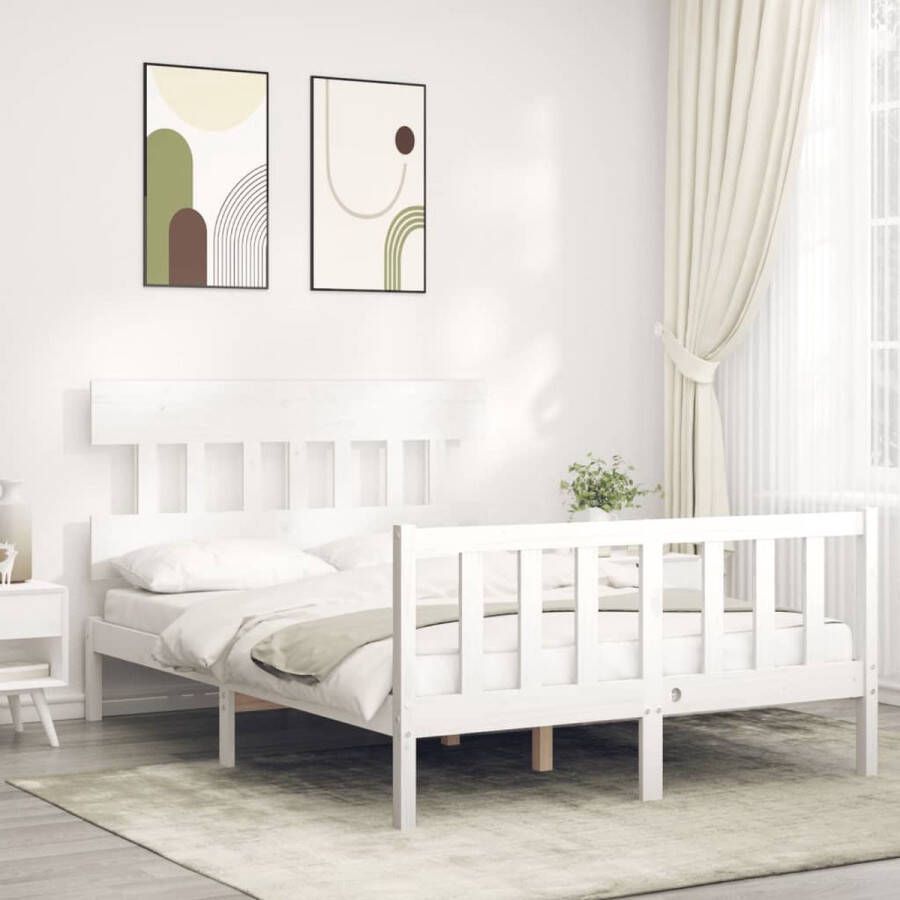 The Living Store Bedframe met hoofdbord massief hout wit 4FT6 Double Bedframe Bedframes Bed Tweepersoonsbed Slaapkamermeubel Houten Bedframe Houten Bed Bedbodem Massief Houten Bedframe Ledikant Bedframe Met Hoofdeinde - Foto 3