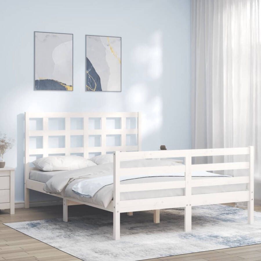 The Living Store Bedframe met hoofdbord massief hout wit 140x200 cm Bedframe Bedframes Bed Tweepersoonsbed Slaapkamermeubel Houten Bedframe Houten Bed Bedbodem Massief Houten Bedframe Ledikant Bedframe Met Hoofdeinde