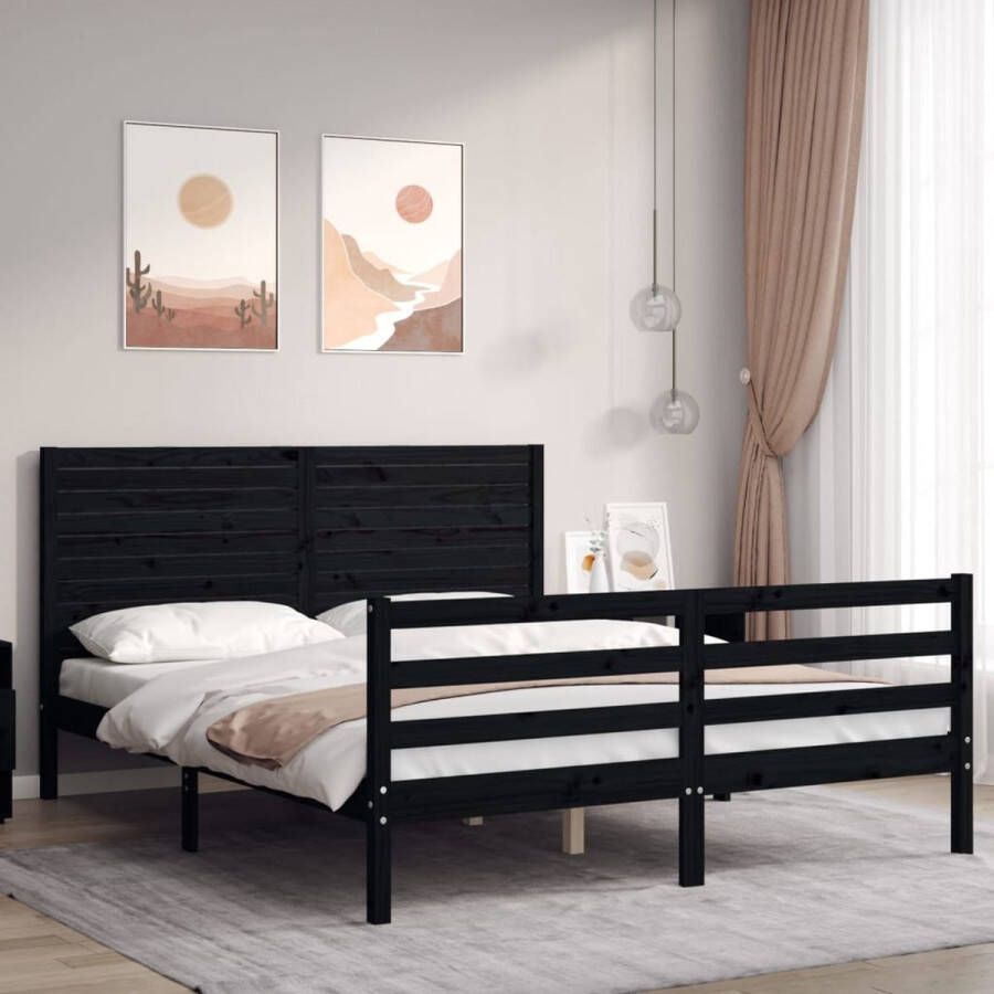The Living Store Massief Grenenhouten Bedframe 205.5 x 155.5 x 100 cm Functioneel hoofd- en voeteneinde Zwart Matras niet inbegrepen