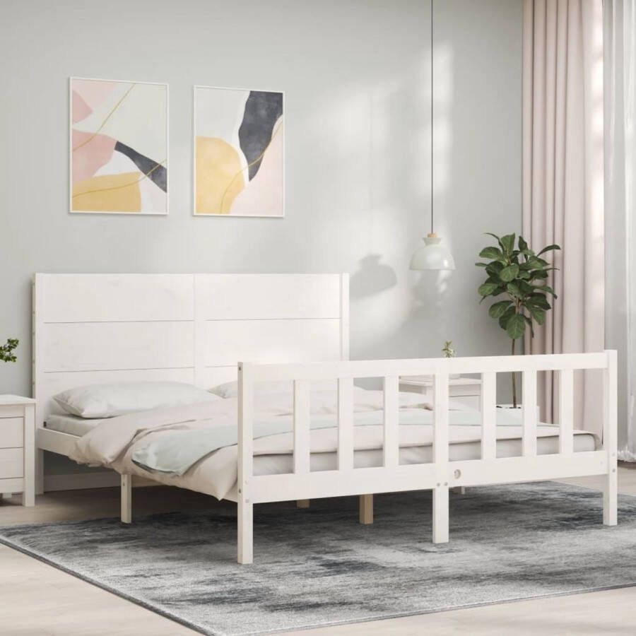 The Living Store Massief grenenhouten bedframe 205.5 x 155.5 x 100 cm wit Massief Hout Bed Grenenhouten Bed Tweepersoons Bed Wit Bed Slaapcomfort