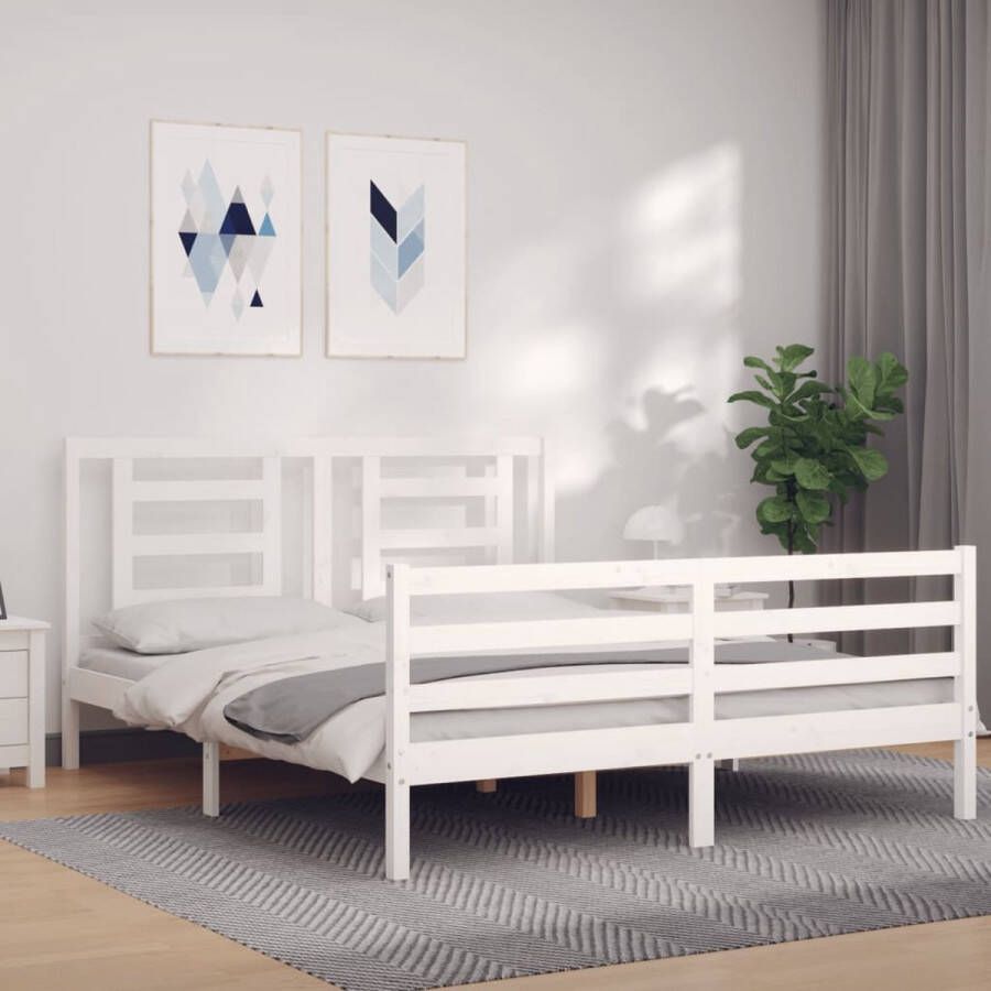 The Living Store Massief Grenenhouten Bedframe 205.5 x 165.5 x 100 cm Wit Massief Hout Bed Grenenhouten Bed Bedframe Wit Bed Tweepersoonsbed