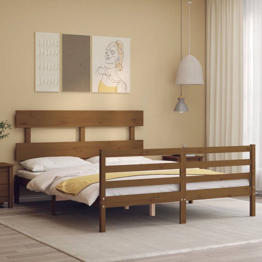 The Living Store Massief grenenhouten bedframe 205.5 x 165.5 x 81 cm honingbruin Multiplex lattenbodem