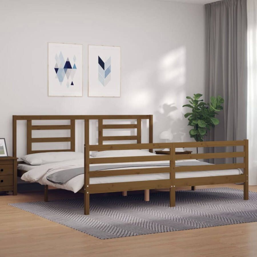 The Living Store Massief Grenenhouten Bedframe 205.5 x 185.5 x 100 cm Multiplex lattenbodem Honingbruin