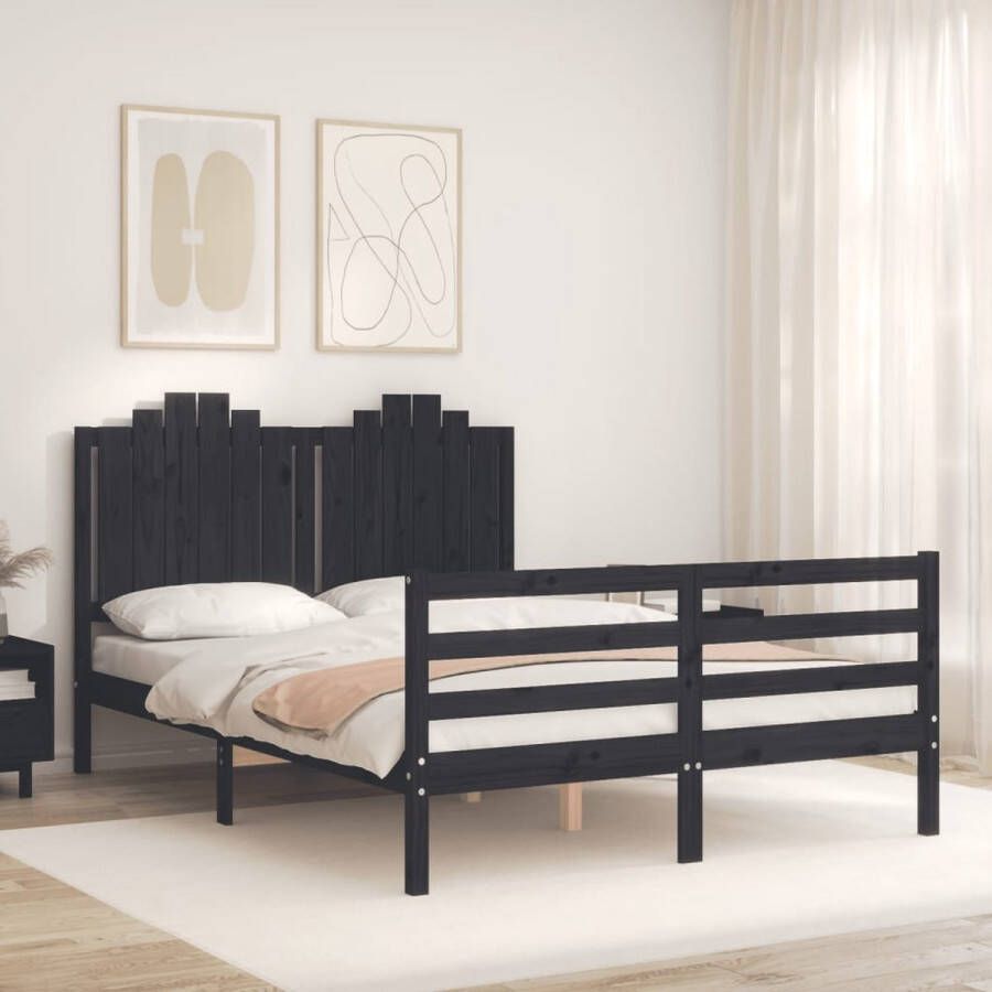 The Living Store Massief Grenenhouten Bedframe Functioneel Bed Afmeting- 195.5 x 145.5 x 110 cm Kleur- Zwart