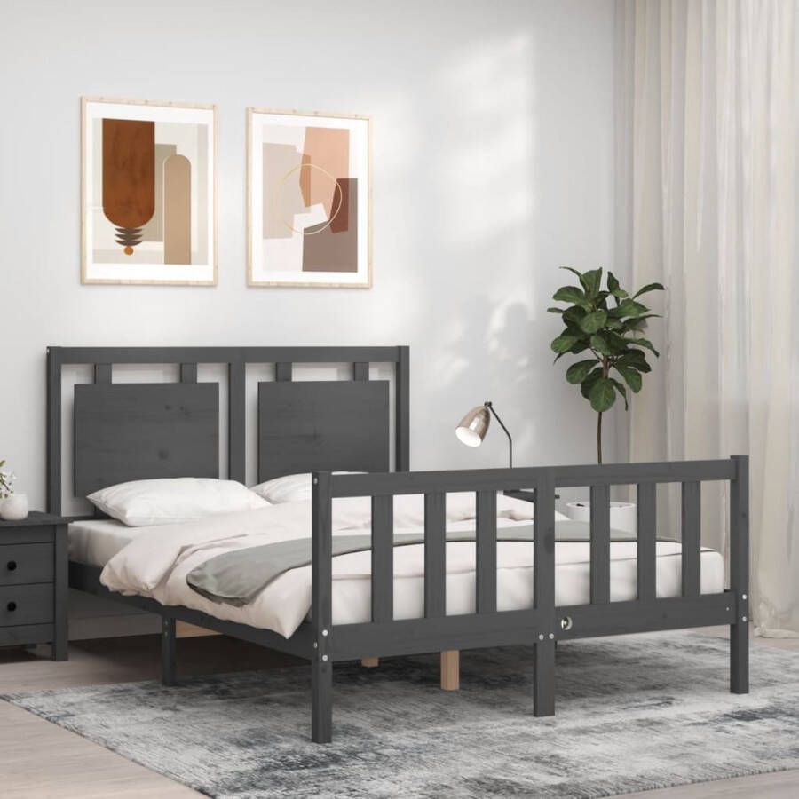 The Living Store Bedframe met hoofdbord massief hout grijs 4FT Small Double Bedframe Bedframes Bed Tweepersoonsbed Slaapkamermeubel Houten Bedframe Houten Bed Bedbodem Massief Houten Bedframe Ledikant Bedframe Met Hoofdeinde - Foto 3