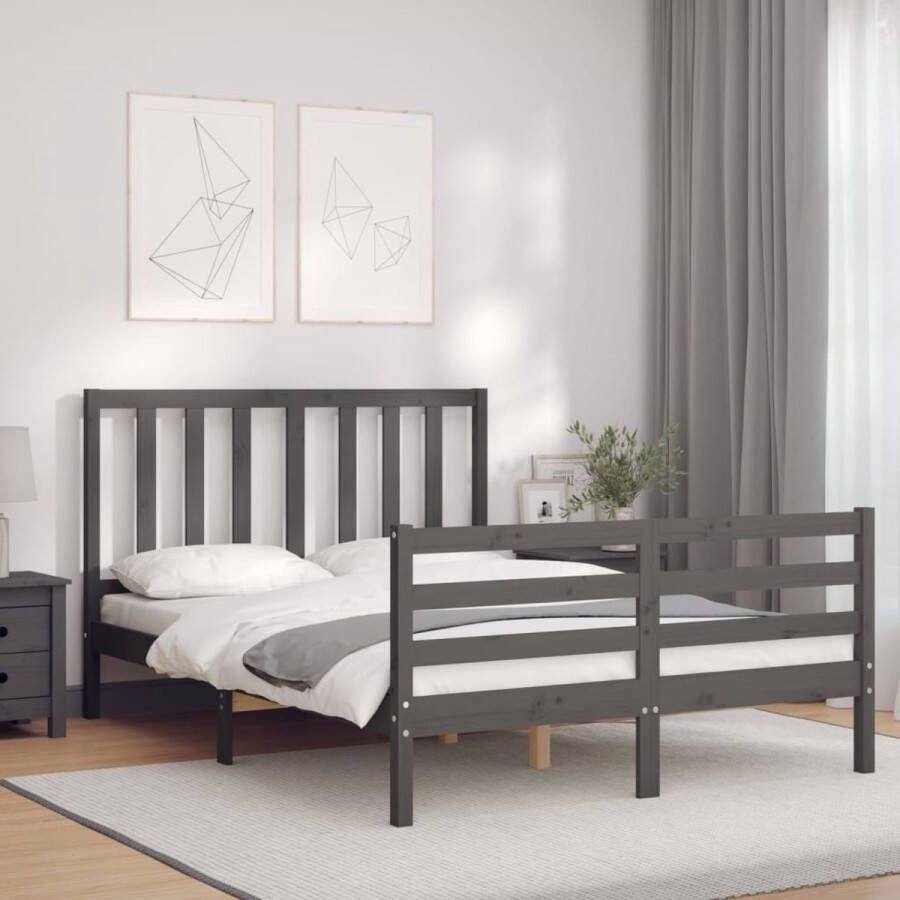 The Living Store Bedframe met hoofdbord massief hout grijs 4FT6 Double Bedframe Bedframes Bed Tweepersoonsbed Slaapkamermeubel Houten Bedframe Houten Bed Bedbodem Massief Houten Bedframe Ledikant Bedframe Met Hoofdeinde - Foto 2