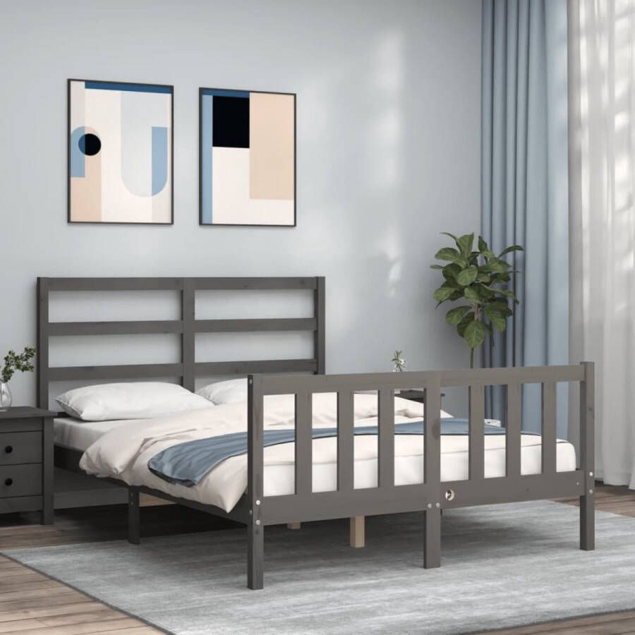The Living Store Bedframe met hoofdbord massief hout grijs 4FT6 Double Bedframe Bedframes Bed Tweepersoonsbed Slaapkamermeubel Houten Bedframe Houten Bed Bedbodem Massief Houten Bedframe Ledikant Bedframe Met Hoofdeinde - Foto 4