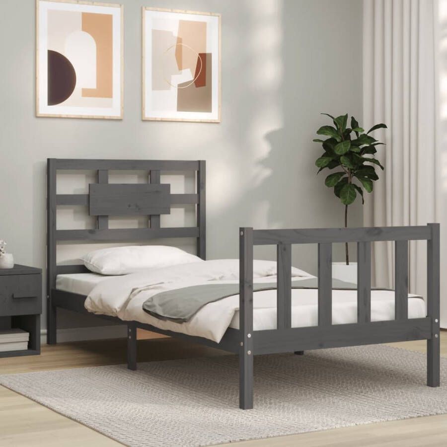 The Living Store Bedframe met hoofdbord massief hout grijs 3FT Single Bedframe Bedframes Bed Eenpersoonsbed Slaapkamermeubel Houten Bedframe Houten Bed Bedbodem Massief Houten Bedframe Ledikant Bedframe Met Hoofdeinde - Foto 3