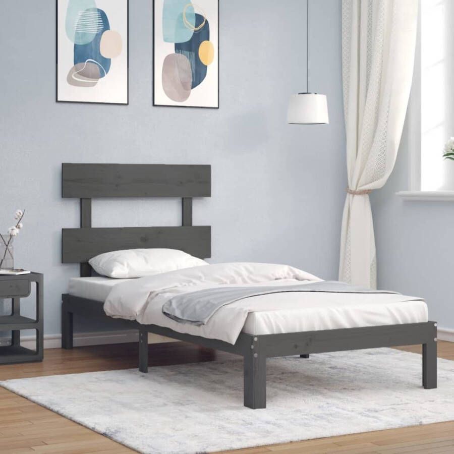 The Living Store Bedframe met hoofdbord massief hout grijs 100x200 cm Bedframe Bedframes Bed Eenpersoonsbed Slaapkamermeubel Houten Bedframe Houten Bed Bedbodem Massief Houten Bedframe Ledikant Bedframe Met Hoofdeinde - Foto 2
