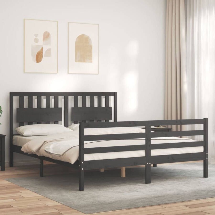 The Living Store Bed Massief Grenenhout Grijs 205.5 x 155.5 x 100 cm Multiplex lattenbodem Functioneel hoofd- en voeteneinde Matras niet inbegrepen Massief Grenenhouten Bed Grijs Bed King Size Bed Boxspring Bed Tweepersoonsbed - Foto 5