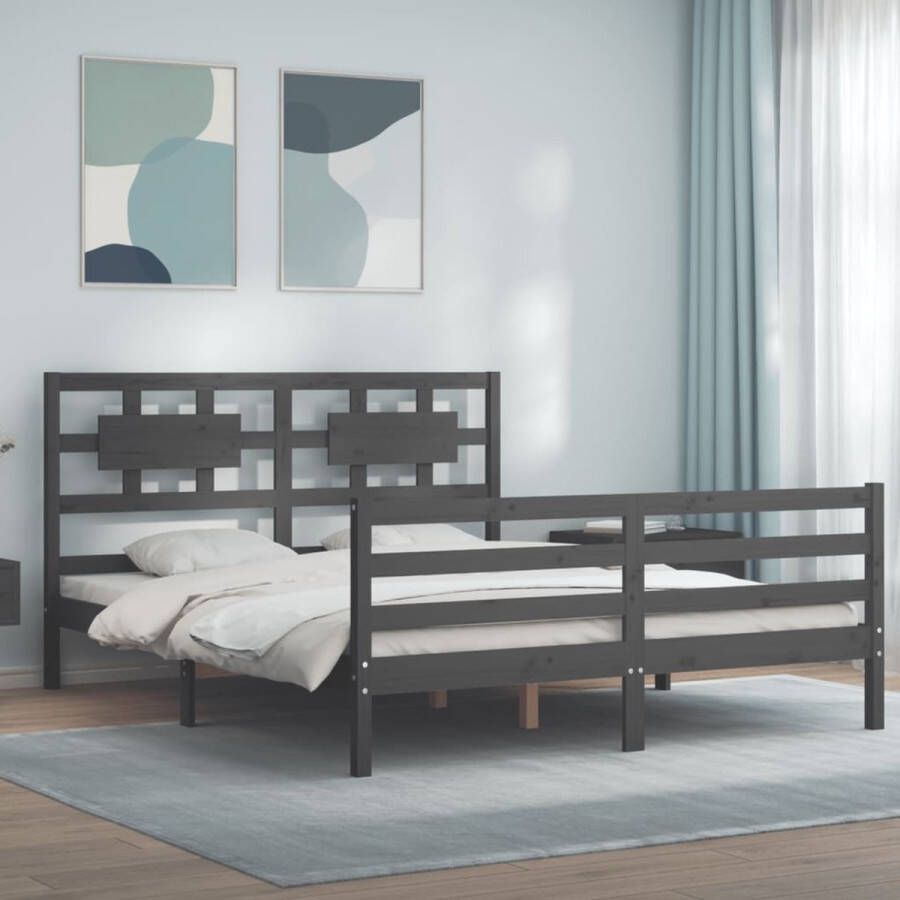 The Living Store Bed Massief Grenenhout Grijs 205.5 x 155.5 x 100 cm Multiplex lattenbodem Functioneel hoofd- en voeteneinde Matras niet inbegrepen Massief Grenenhouten Bed Grijs Bed King Size Bed Boxspring Bed Tweepersoonsbed - Foto 4
