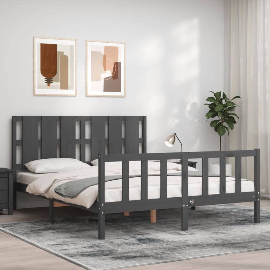 The Living Store Bed Massief Grenenhout Grijs 205.5 x 155.5 x 100 cm Multiplex lattenbodem Functioneel hoofd- en voeteneinde Matras niet inbegrepen Massief Grenenhouten Bed Grijs Bed King Size Bed Boxspring Bed Tweepersoonsbed - Foto 3