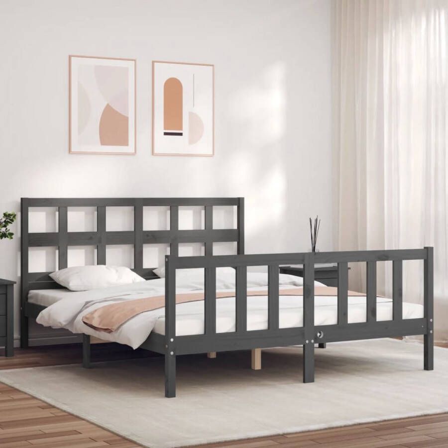 The Living Store Massief Grenenhouten Bedframe Grijs 205.5 x 155.5 x 100 cm (LxBxH) Multiplex lattenbodem Functioneel hoofd- en voeteneinde