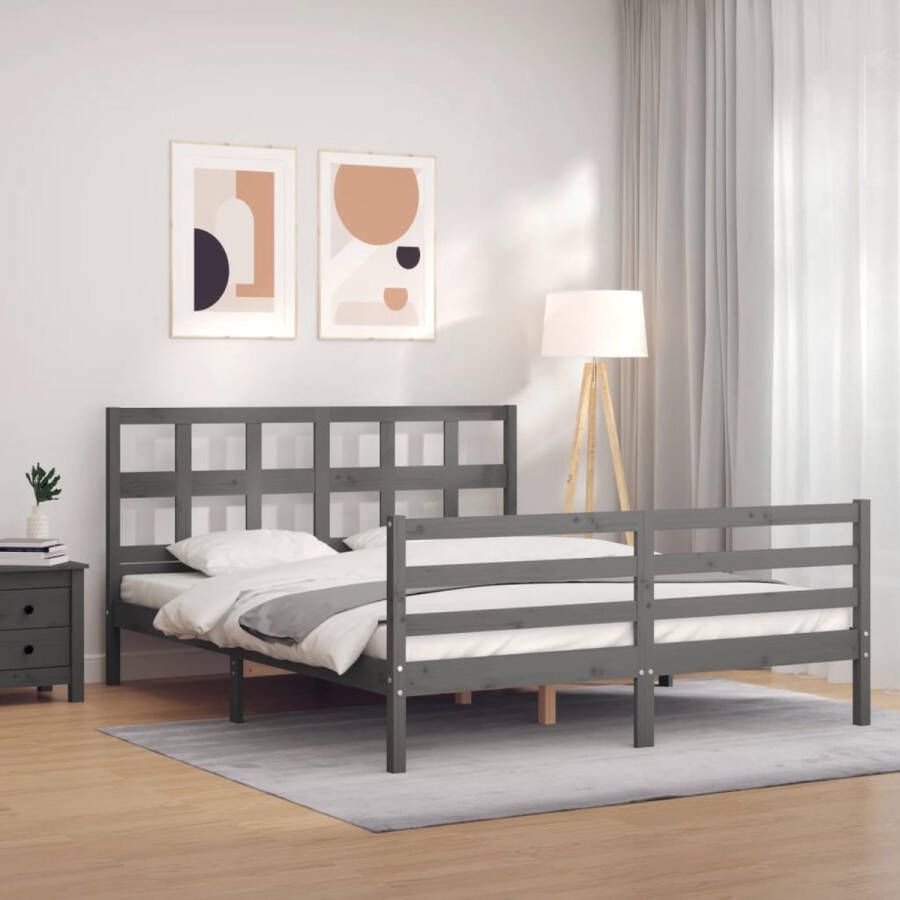 The Living Store Massief grenenhouten bedframe grijs 205.5 x 165.5 x 100 cm