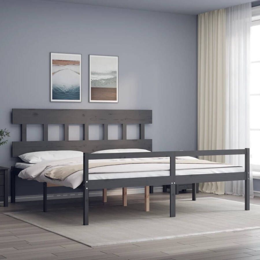 The Living Store Bedframe met hoofdbord massief hout grijs 6FT Super King Bedframe Bedframes Bed Tweepersoonsbed Slaapkamermeubel Houten Bedframe Houten Bed Bedbodem Massief Houten Bedframe Ledikant Bedframe Met Hoofdeinde