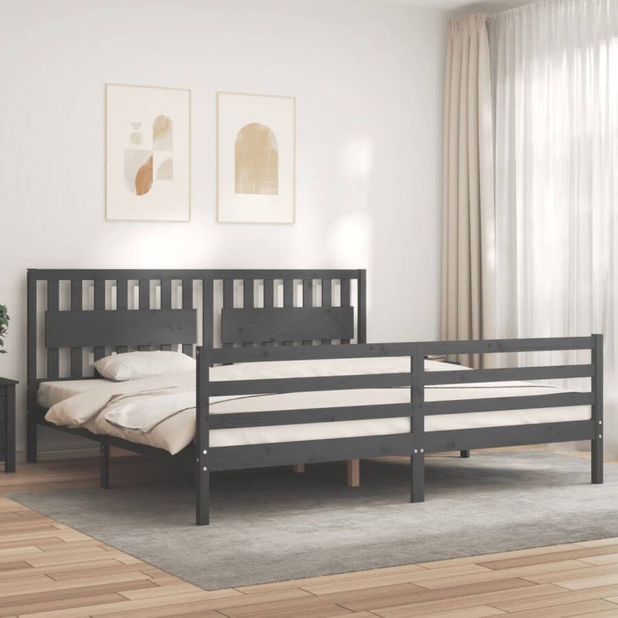 The Living Store Bedframe met hoofdbord massief hout grijs 200x200 cm Bedframe Bedframes Bed Tweepersoonsbed Slaapkamermeubel Houten Bedframe Houten Bed Bedbodem Massief Houten Bedframe Ledikant Bedframe Met Hoofdeinde - Foto 4