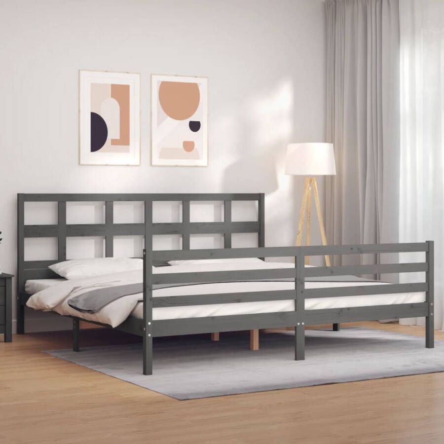 The Living Store Massief grenenhouten bedframe Grijs 205.5 x 205.5 x 100 cm Multiplex lattenbodem Massief Hout Bed Grenenhouten Bed Grijs Bed Frame Tweepersoons Bed Boxspring Bed
