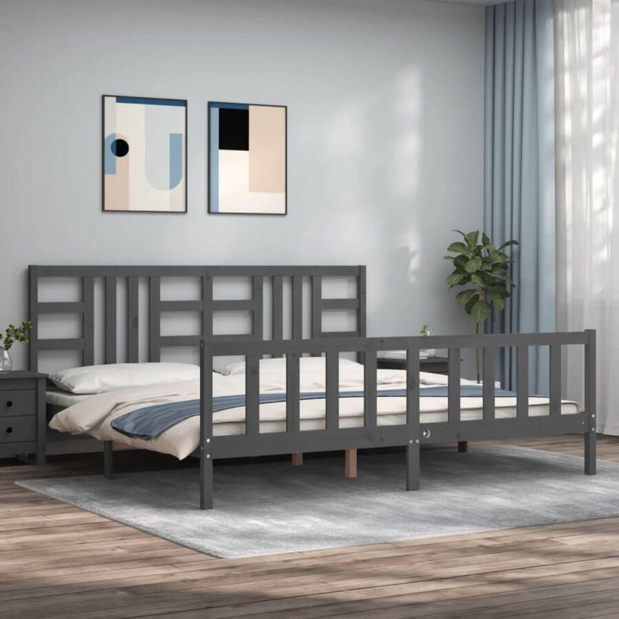 The Living Store Massief grenenhouten bedframe grijs 205.5 x 205.5 x 100 cm multiplex lattenbodem functioneel hoofd- en voeteneinde matras niet inbegrepen Massief Hout Bed Grenenhout Bed Grijs Bed Tweepersoons Bed Boxspring Frame - Foto 2