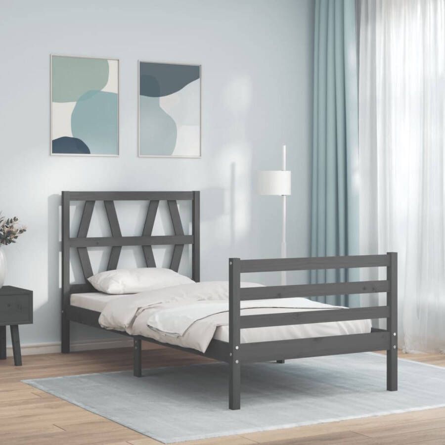 The Living Store Bedframe met hoofdbord massief hout grijs 90x200 cm Bedframe Bedframes Bed Eenpersoonsbed Slaapkamermeubel Houten Bedframe Houten Bed Bedbodem Massief Houten Bedframe Ledikant Bedframe Met Hoofdeinde - Foto 4