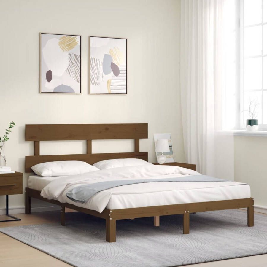 The Living Store Massief Grenenhouten Bedframe Honingbruin 203.5 x 163.5 x 81 cm Multiplex Lattenbodem Matras niet inbegrepen Montage vereist