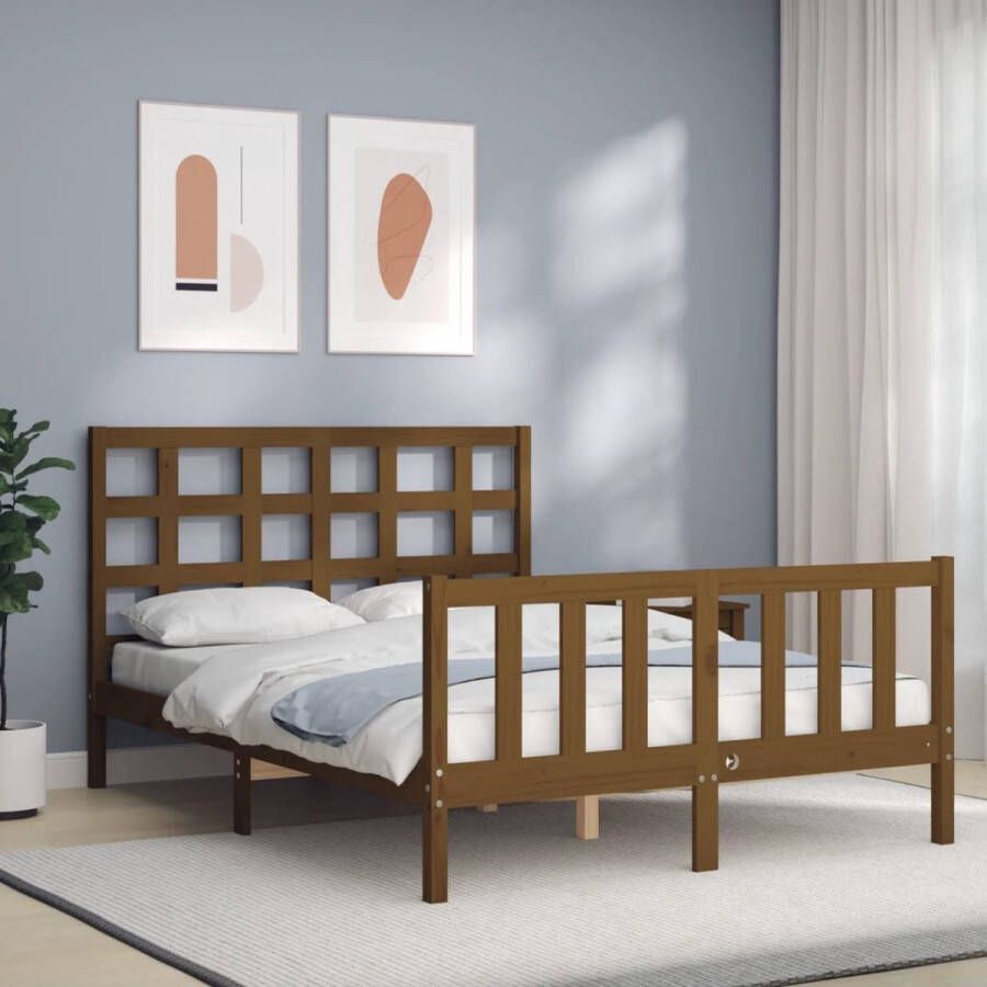 The Living Store Massief Grenenhouten Bedframe Honingbruin 205.5 x 145.5 x 100 cm Multiplex Lattenbodem