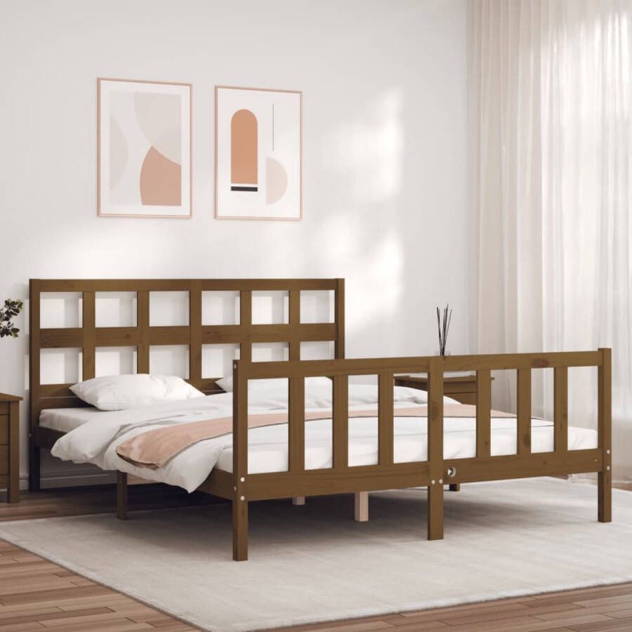 The Living Store Bedframe met hoofdbord massief hout honingbruin 5FT King Size Bedframe Bedframes Bed Tweepersoonsbed Slaapkamermeubel Houten Bedframe Houten Bed Bedbodem Massief Houten Bedframe Ledikant Bedframe Met Hoofdeinde - Foto 4