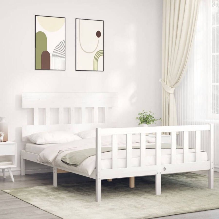 The Living Store Bedframe met hoofdbord massief hout wit 140x190 cm Bedframe Bedframes Bed Tweepersoonsbed Slaapkamermeubel Houten Bedframe Houten Bed Bedbodem Massief Houten Bedframe Ledikant Bedframe Met Hoofdeinde