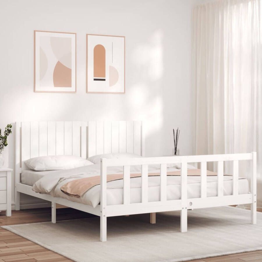 The Living Store Bedframe met hoofdbord massief hout wit 160x200 cm Bedframe Bedframes Bed Tweepersoonsbed Slaapkamermeubel Houten Bedframe Houten Bed Bedbodem Massief Houten Bedframe Ledikant Bedframe Met Hoofdeinde - Foto 3