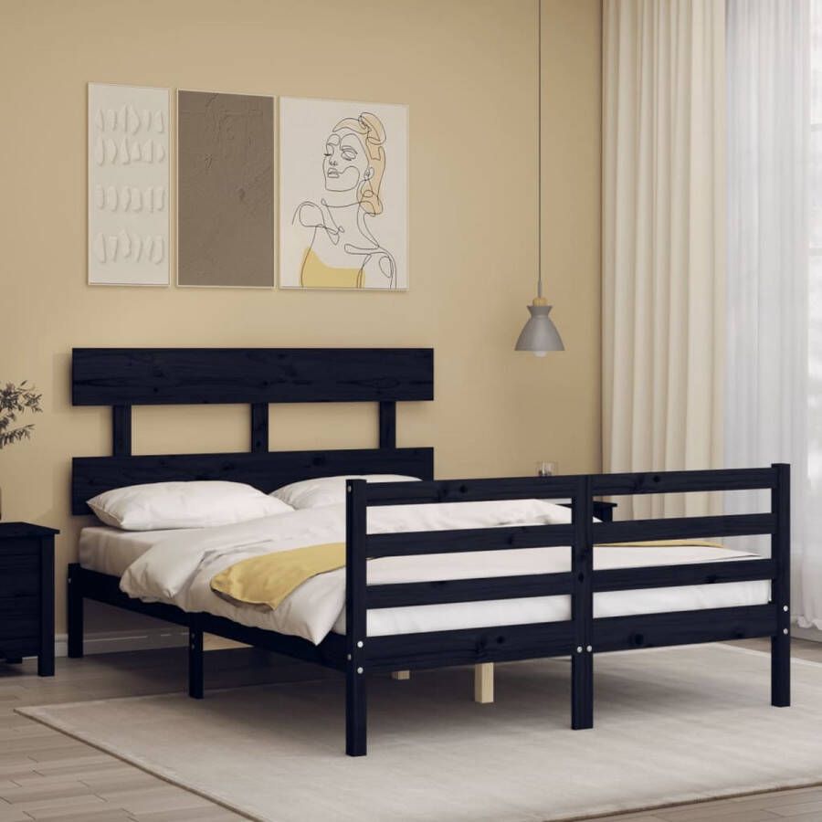 The Living Store Bedframe met hoofdbord massief hout zwart 4FT6 Double Bedframe Bedframes Bed Tweepersoonsbed Slaapkamermeubel Houten Bedframe Houten Bed Bedbodem Massief Houten Bedframe Ledikant Bedframe Met Hoofdeinde - Foto 4