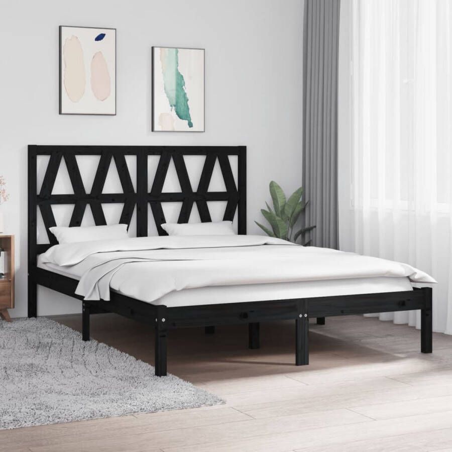 The Living Store Massief Grenenhouten Bedframe Zwart 195.5 x 145.5 x 31 cm Hoofdeind- 146 x 4 x 100 cm Geschikt voor 140 x 190 cm matras Montage vereist